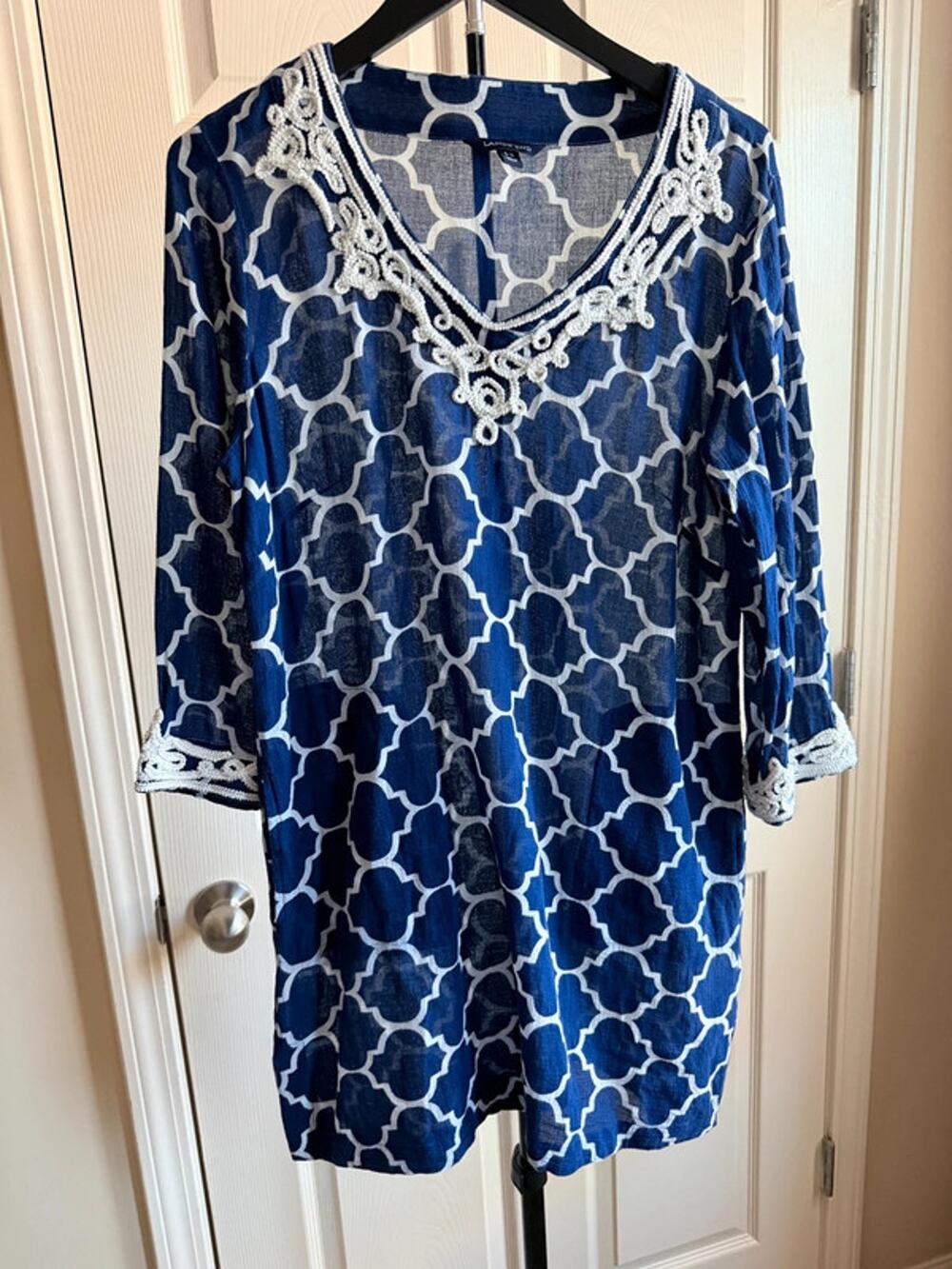lands end tunic dress blue white 100% cotton pockets 1888